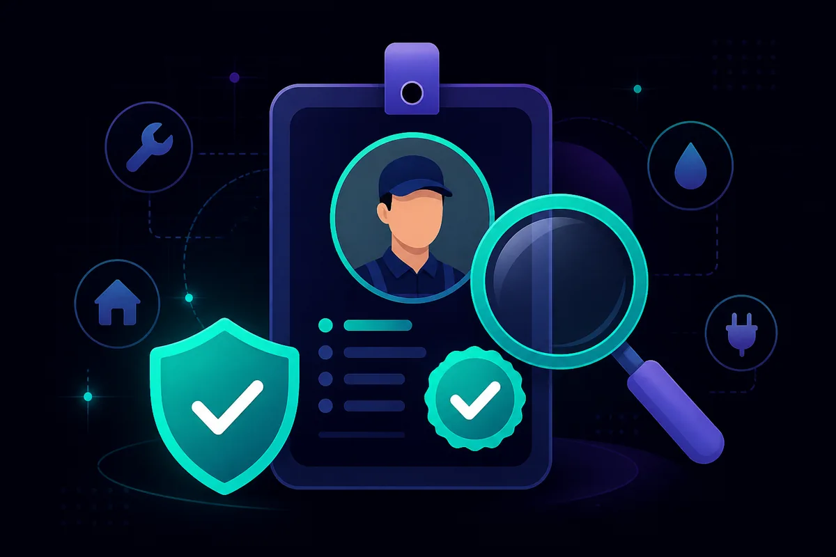 What real verification looks like: identity checks, background screens, and job-tied reviews. 5 signs a home service pro is actually verified — ID badge, checkmark, and magnifying glass for background-checked contractors