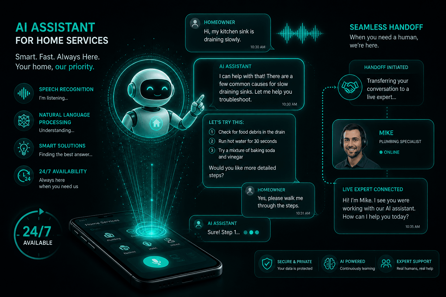 Get instant answers and book repairs without waiting on hold. AI chatbots for home service support — conversational assistant helping homeowner troubleshoot and book repairs