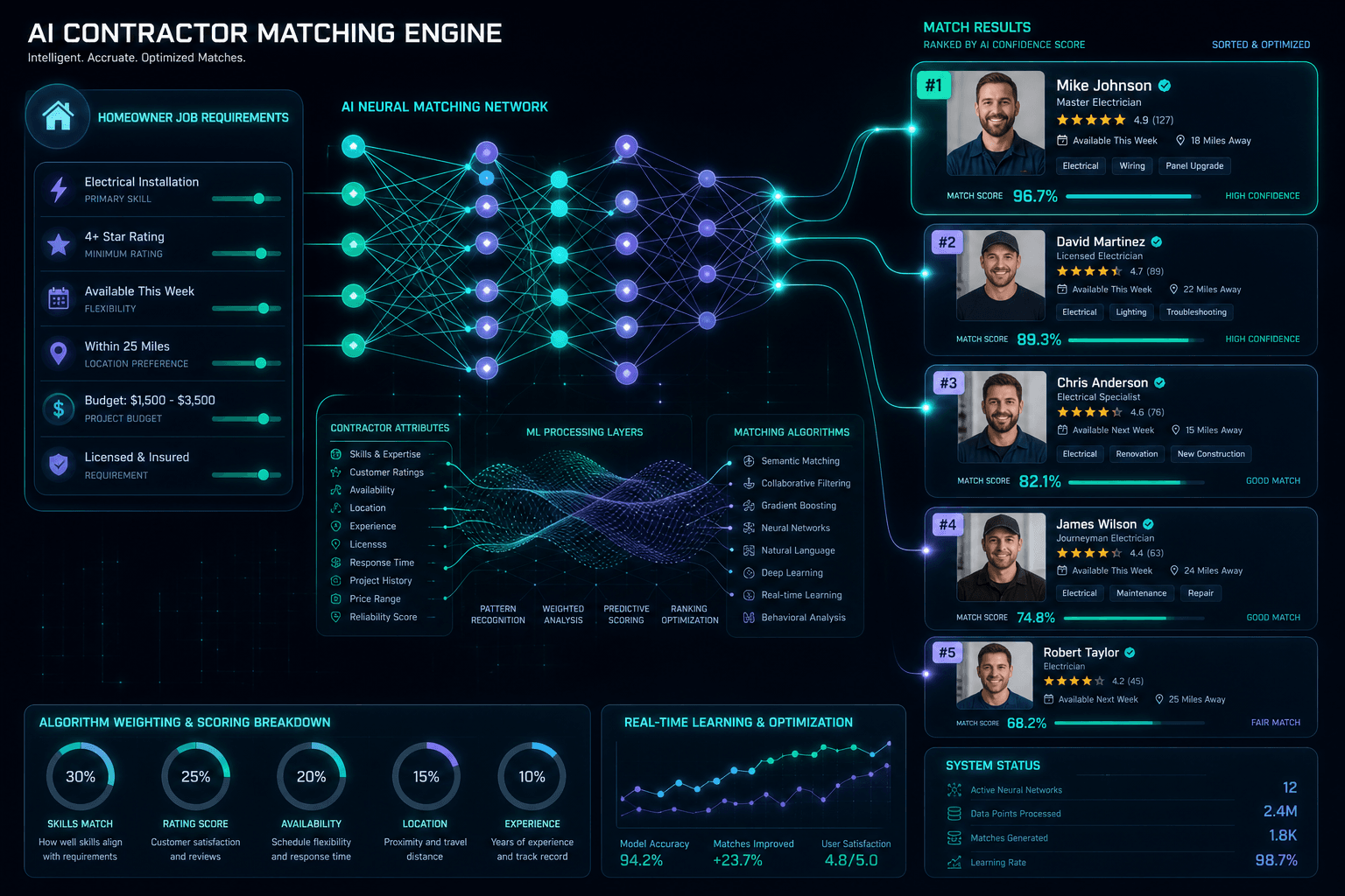 AI analyzes thousands of factors to match you with the right pro, not just the nearest one. AI contractor matching algorithm — neural network analyzing skills, availability, and preferences to find perfect matches