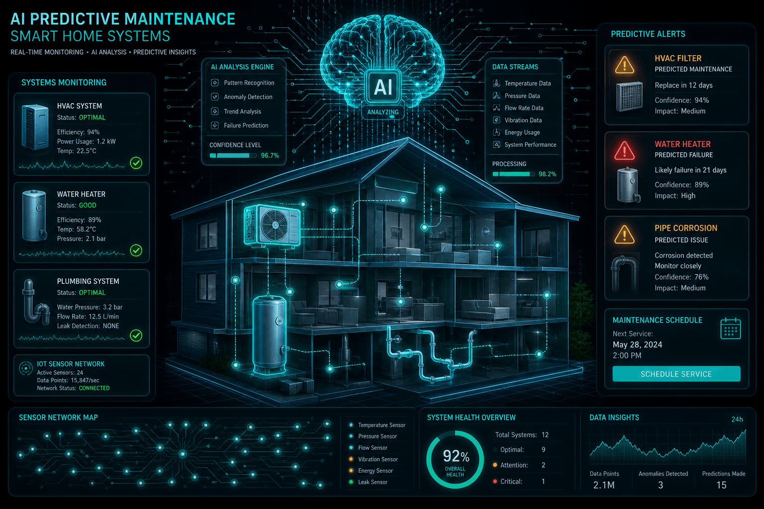 AI predicts when your home systems need service — before they break down. AI predictive maintenance for homes — smart sensors and algorithms predicting HVAC, plumbing, and appliance failures