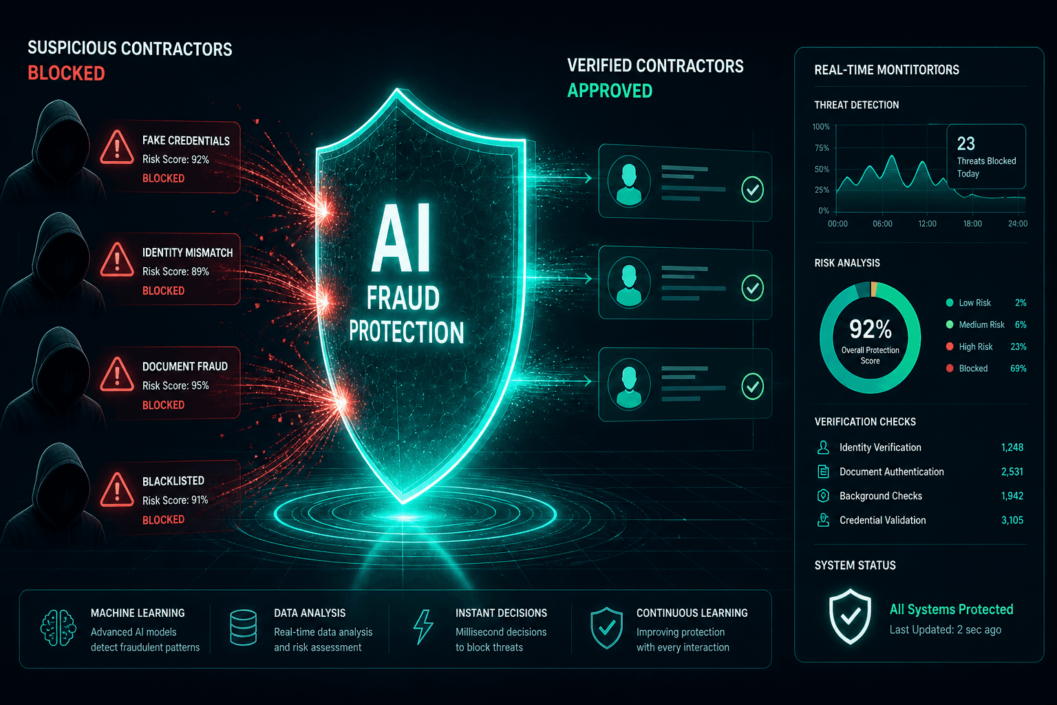 AI shield protecting a homeowner from fraudulent contractor profiles with warning symbols
