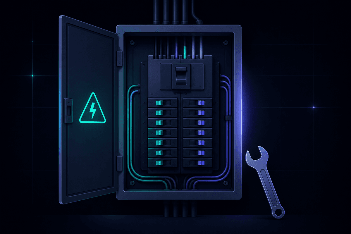 Illustration of an open electrical breaker panel with a caution warning triangle and a wrench
