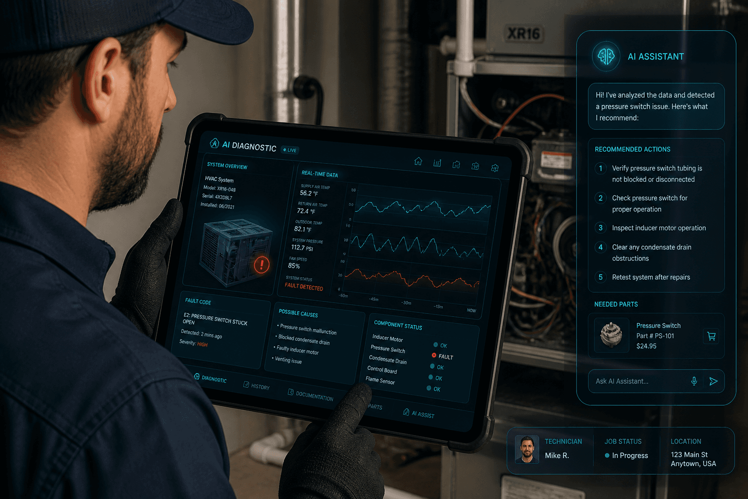 Contractor using AI-powered tablet to diagnose home system issue with instant data visualization