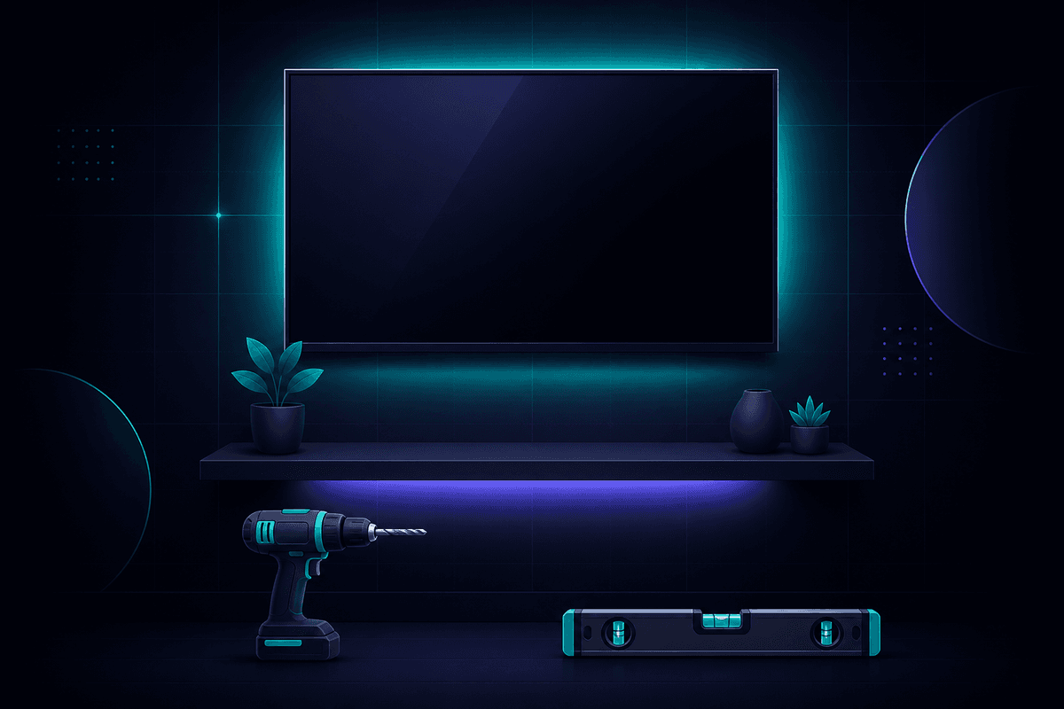 Illustration of general handyman tasks: a wall-mounted TV and a floating shelf with a drill and level