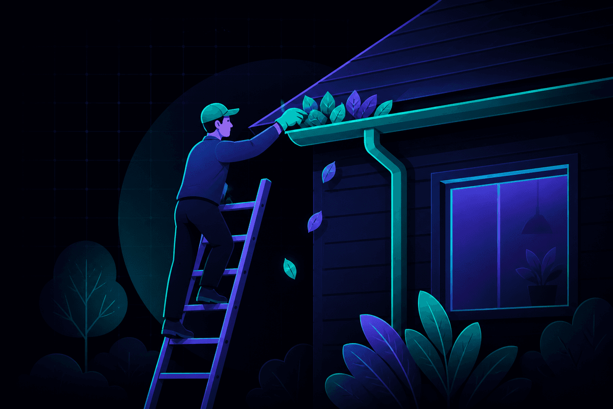 Illustration of spring maintenance: clearing leaves from a house roof gutter with a ladder against the house