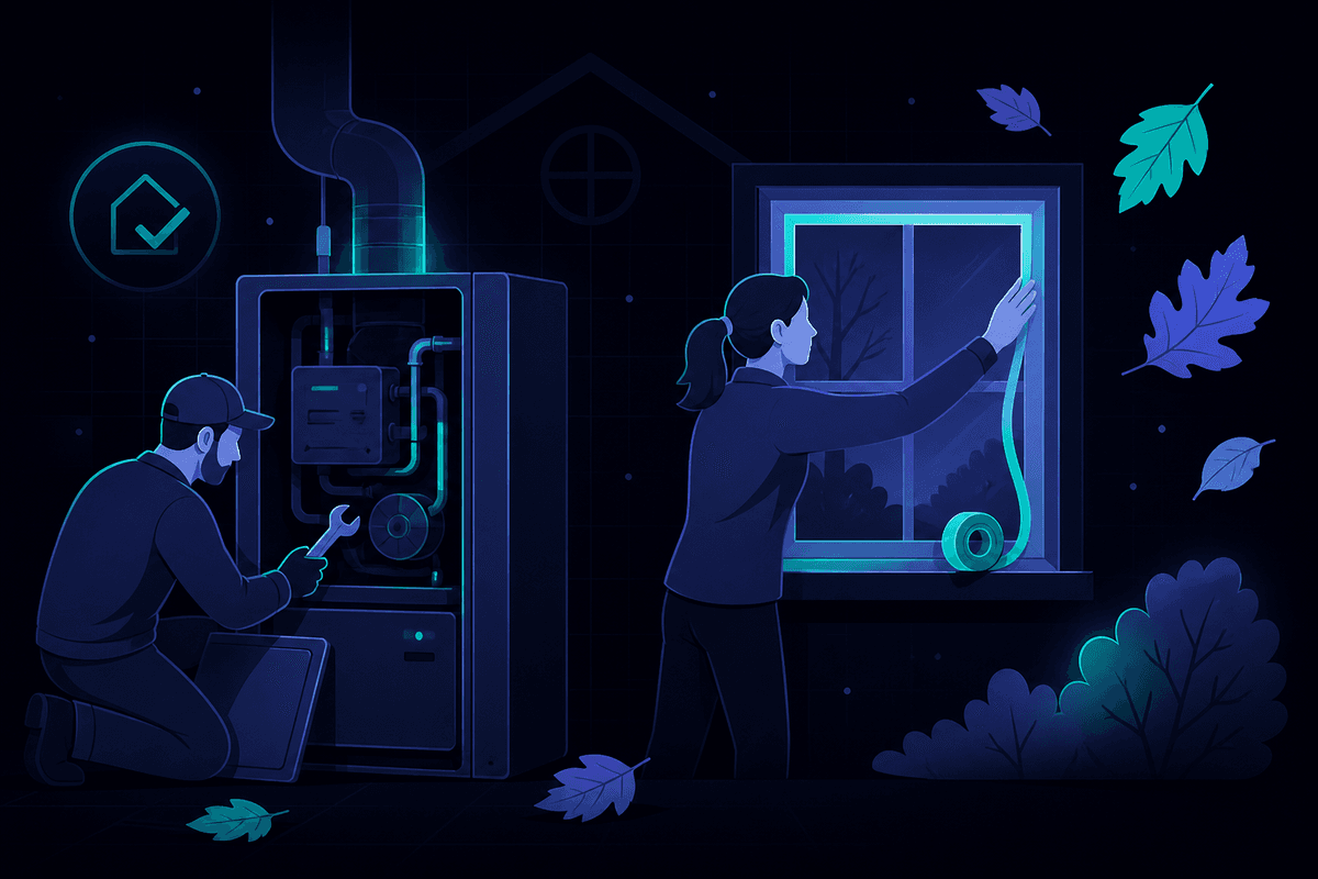 Illustration of fall maintenance: servicing a home furnace with a wrench and sealing a window as leaves fall