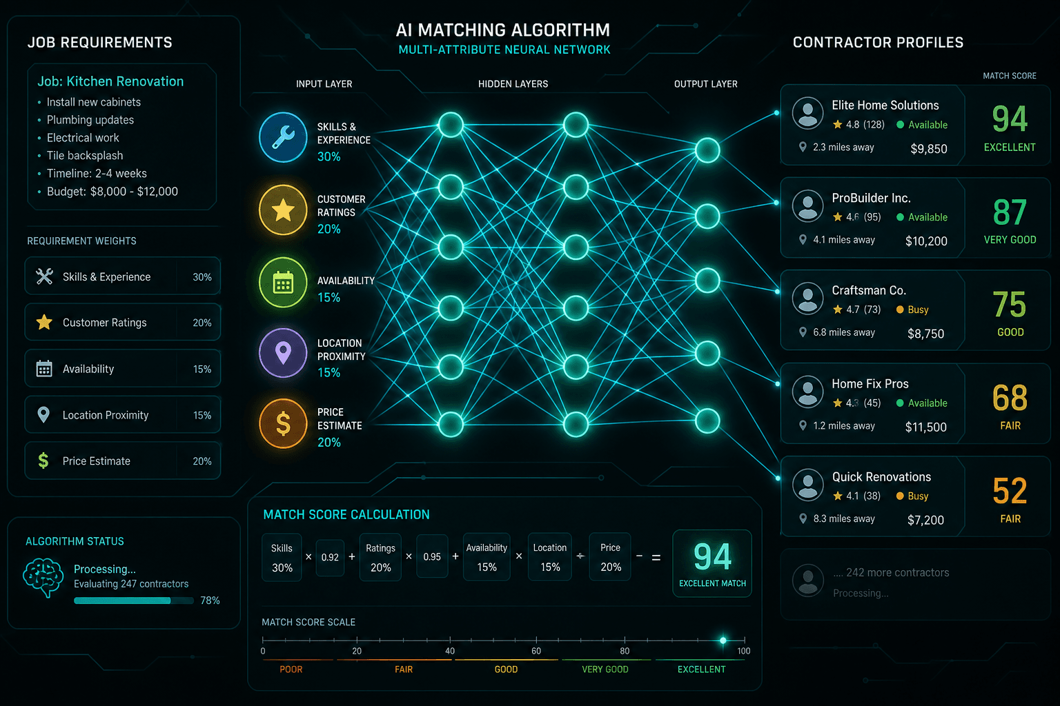 Visualization of AI matching algorithm weighing multiple contractor attributes against job requirements