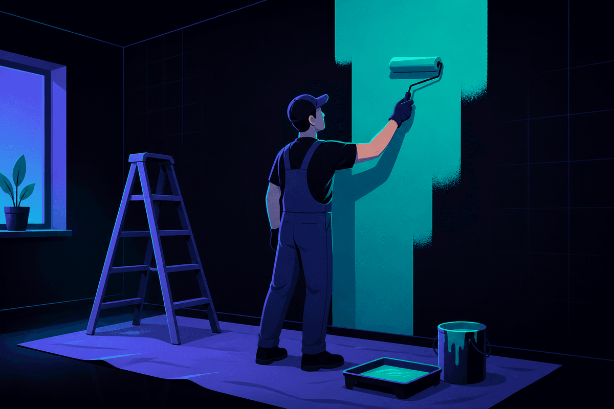 Illustration of a painter rolling fresh paint onto an interior wall with a ladder and drop cloth