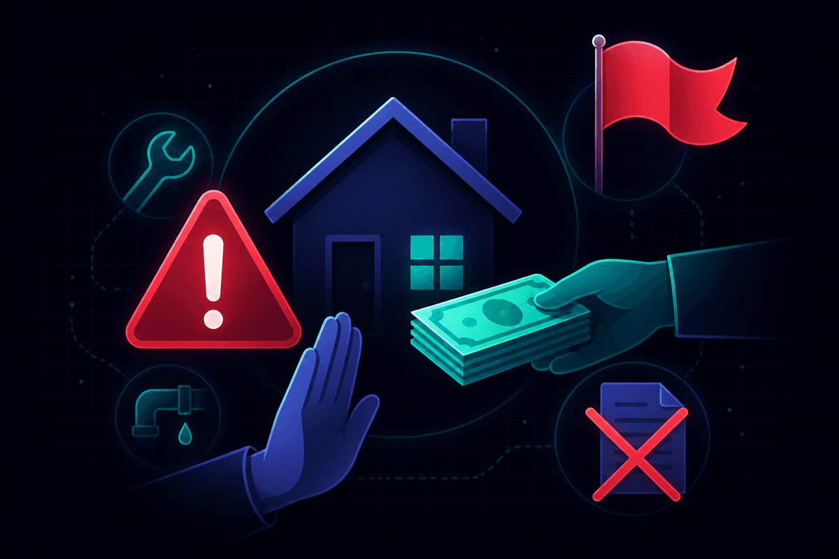 Illustration of scam warning signs: a red flag, a warning triangle, cash changing hands, and a crossed-out document