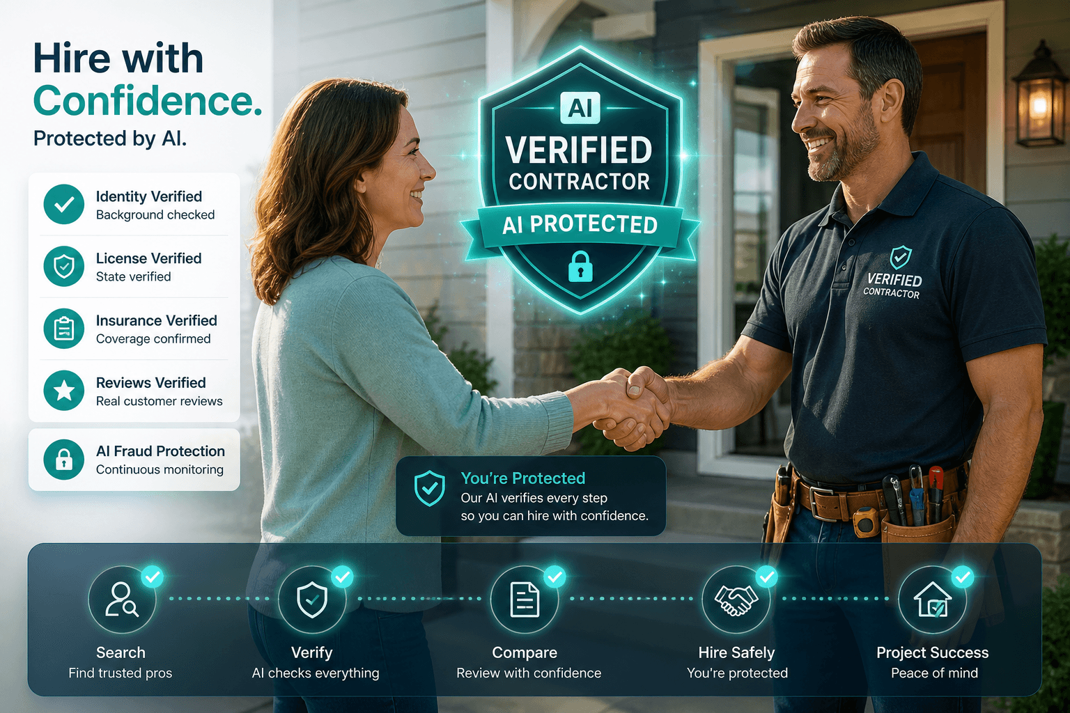 Homeowner safely hiring a verified contractor with AI protection badge visible