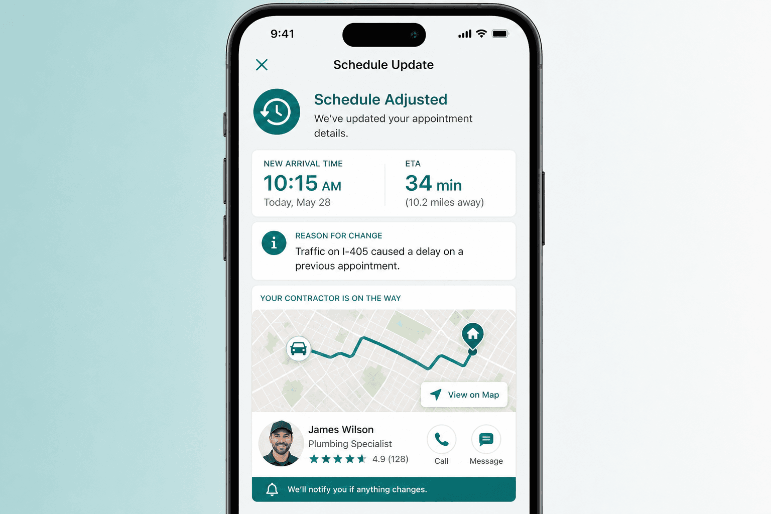 Real-time schedule adjustment notification on a smartphone showing updated arrival time
