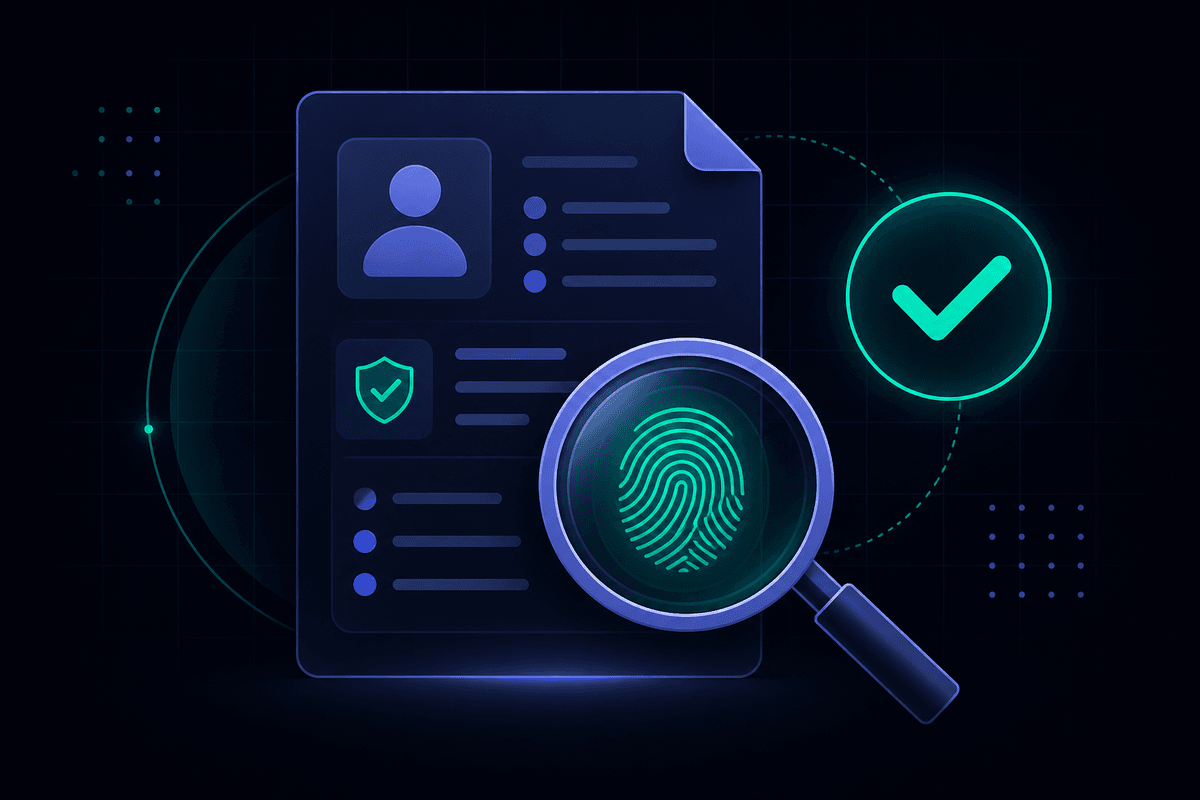 Illustration of a background check: a report with a fingerprint, a magnifying glass, and a green verified checkmark