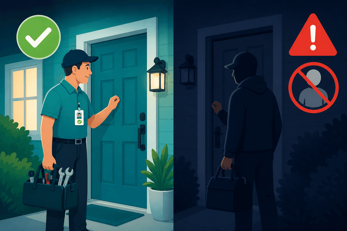 Trusted verified home service pro at a front door with a green check contrasted with an anonymous unverified figure and red warning triangle
