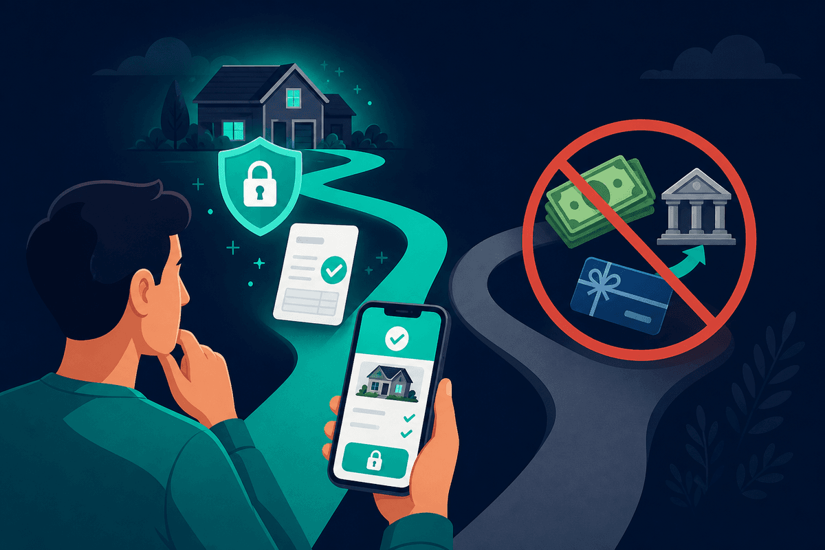 Secure in-app payment with padlock and digital invoice contrasted with risky cash, wire transfer, and gift card payments