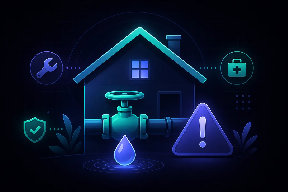 Safe first steps for leaks, outages, and other home emergencies before help arrives. Emergency home repairs what to do before the pro arrives — house, water shut-off valve, warning triangle, and droplet