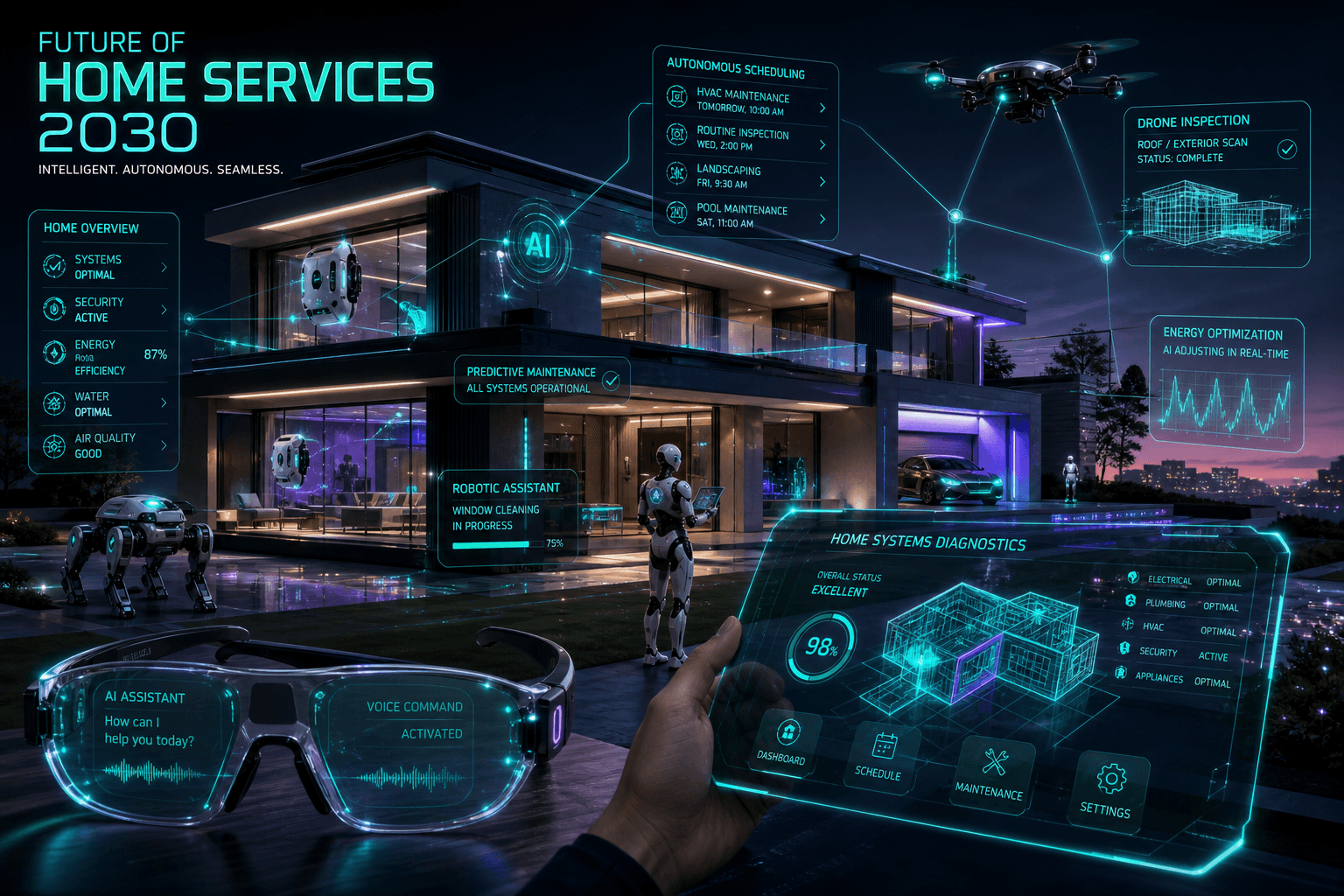 By 2030, AI will transform not just how you hire, but how home services are delivered. Future of home services AI 2030 — futuristic smart home with augmented reality repairs and robotic assistants