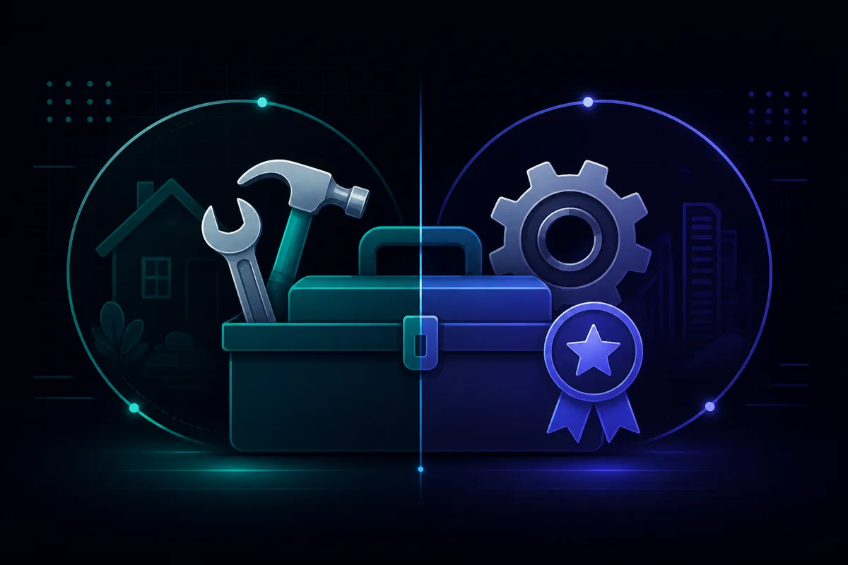 When a handyman is enough — and when you need a licensed specialist. Handyman vs specialist who should you hire — toolbox compared with a certified specialist gear badge
