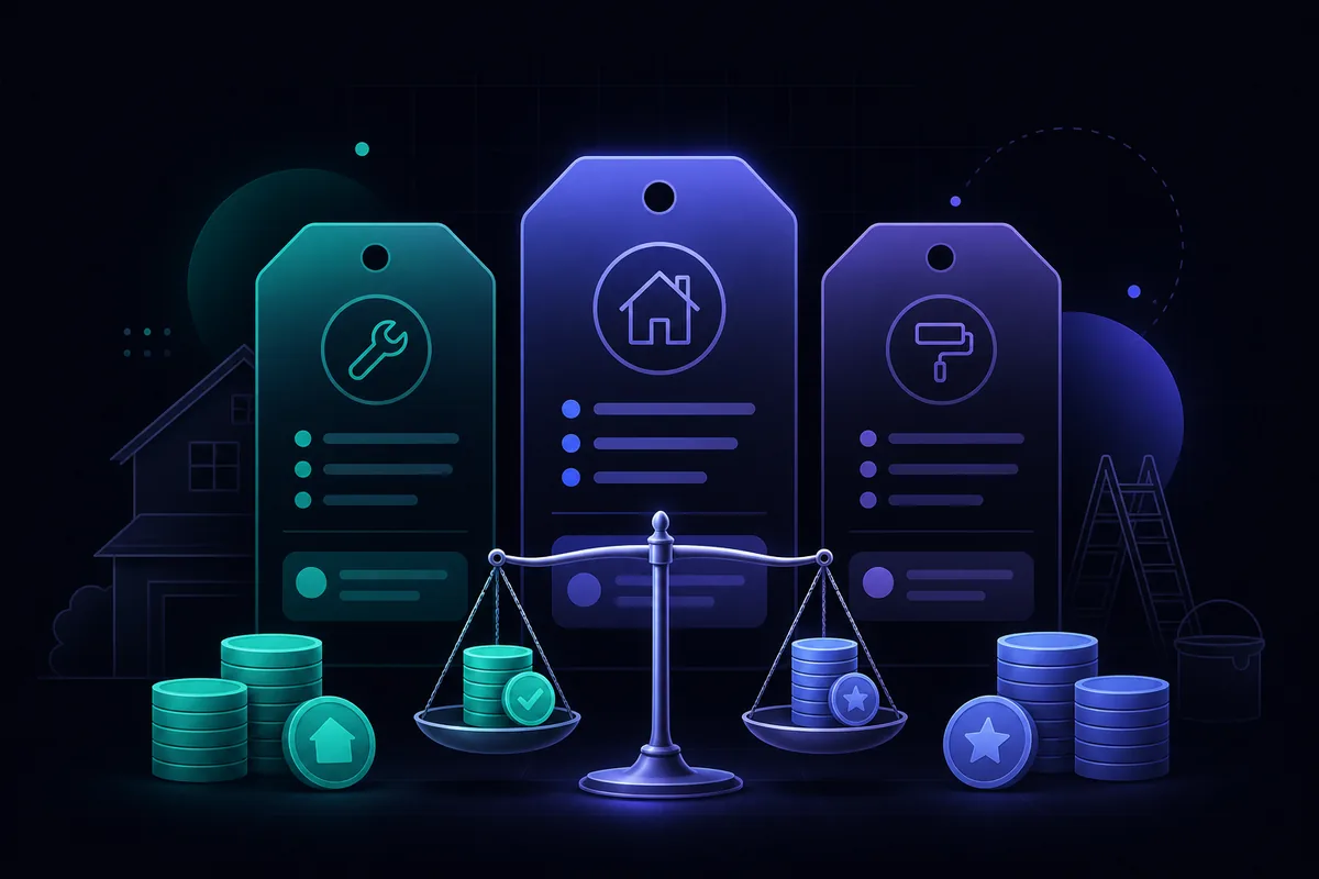 Compare itemized quotes so you know a fair rate for common home repairs. Homeowner's guide to fair pricing for common home repairs — quote cards on a balance scale with coins