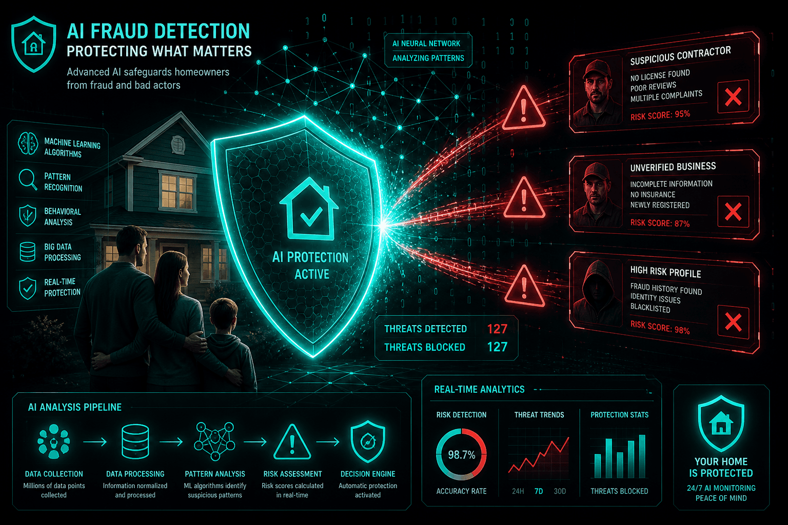 How AI detects contractor scams — machine learning algorithm analyzing suspicious patterns to protect homeowners
