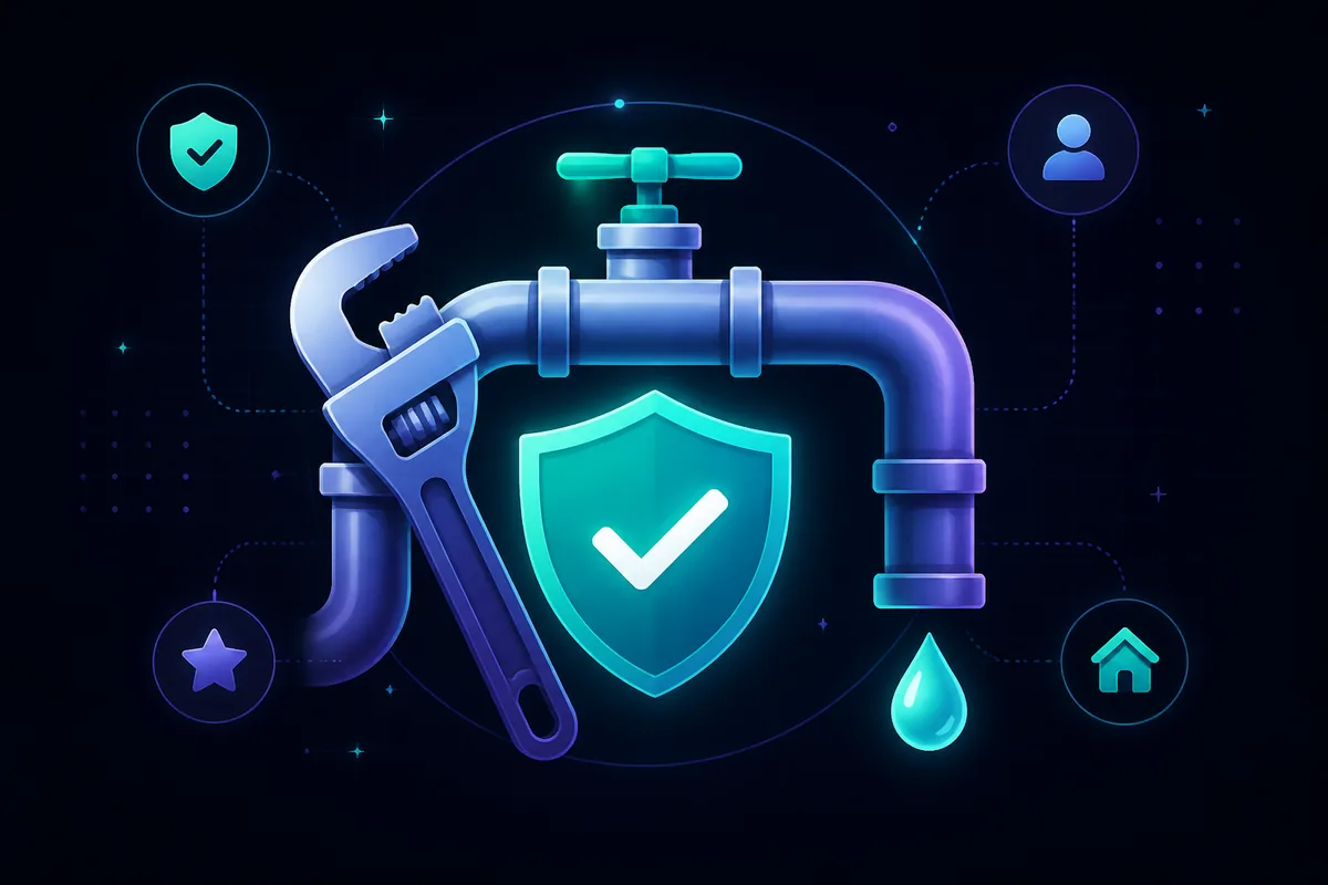 How to hire a vetted plumber: verify credentials, compare quotes, and pay safely. Hire a plumber without getting scammed — verified shield, pipe wrench, and water pipe illustration for trusted plumbing pros