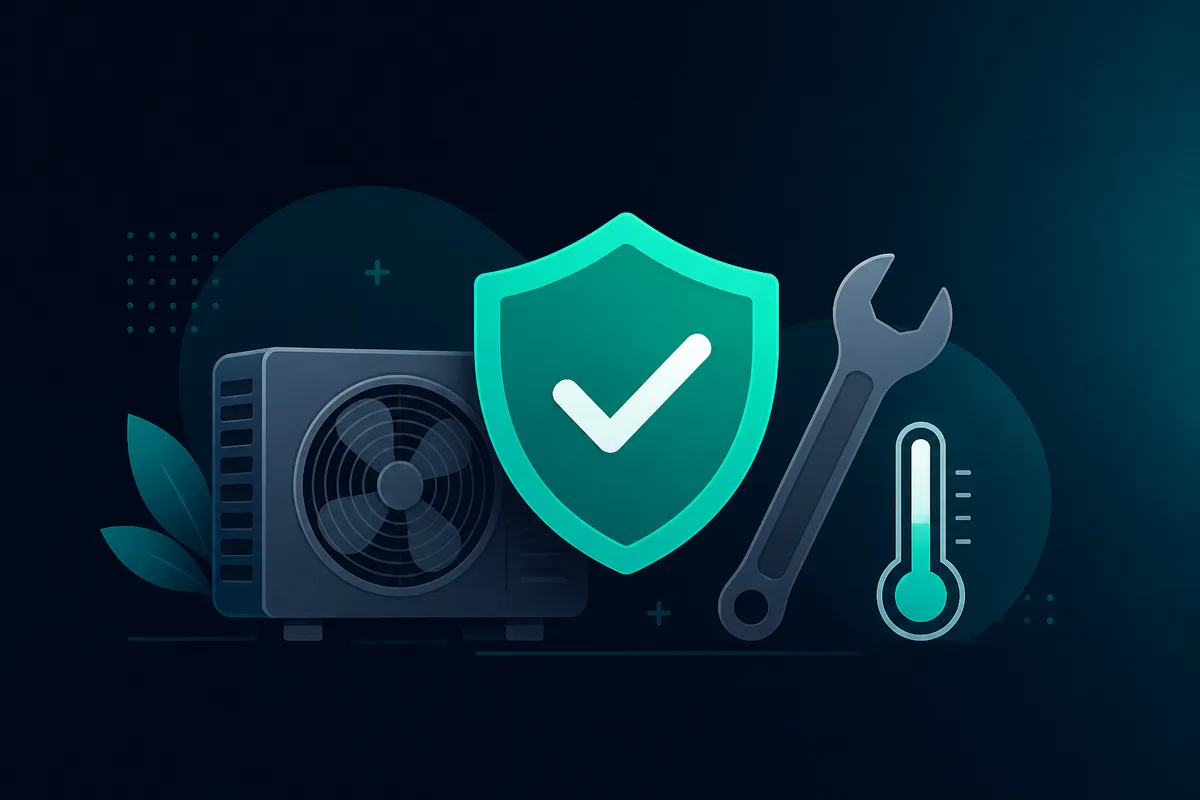 Hire HVAC help with verification, clear scope, and itemized quotes — not panic pricing. How to hire an HVAC technician — teal verified shield, air conditioner unit, thermometer, and wrench icons for trusted AC repair