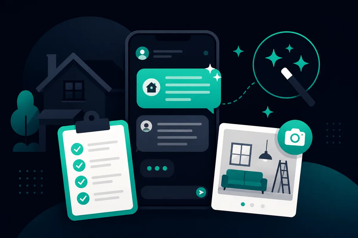 How to write a home job post that gets great quotes — smartphone checklist, photo icons, and AI sparkles drafting a clear request