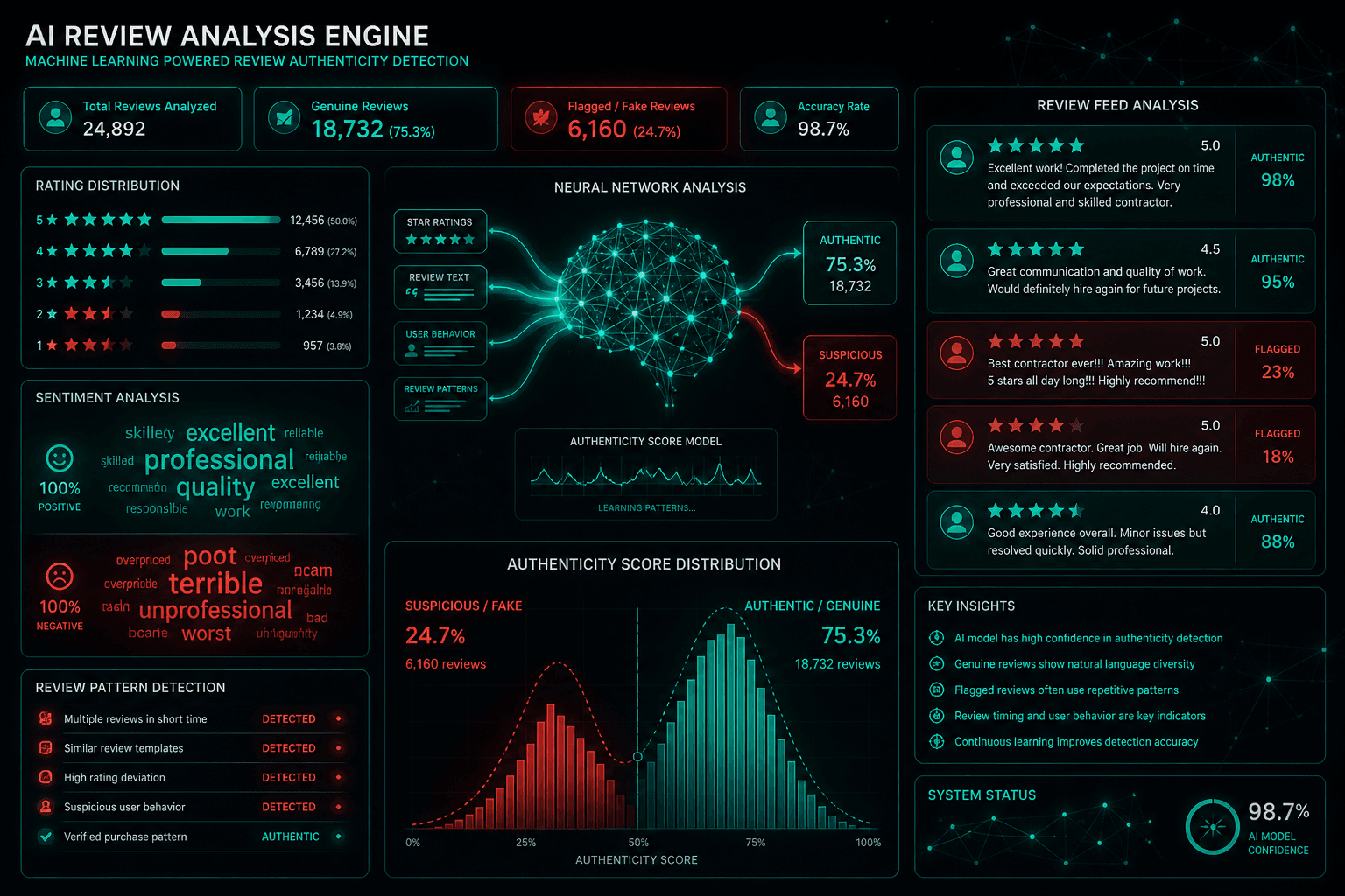 AI separates genuine reviews from noise, giving you ratings you can actually trust. Machine learning analyzing contractor ratings — AI filtering fake reviews and surfacing authentic feedback