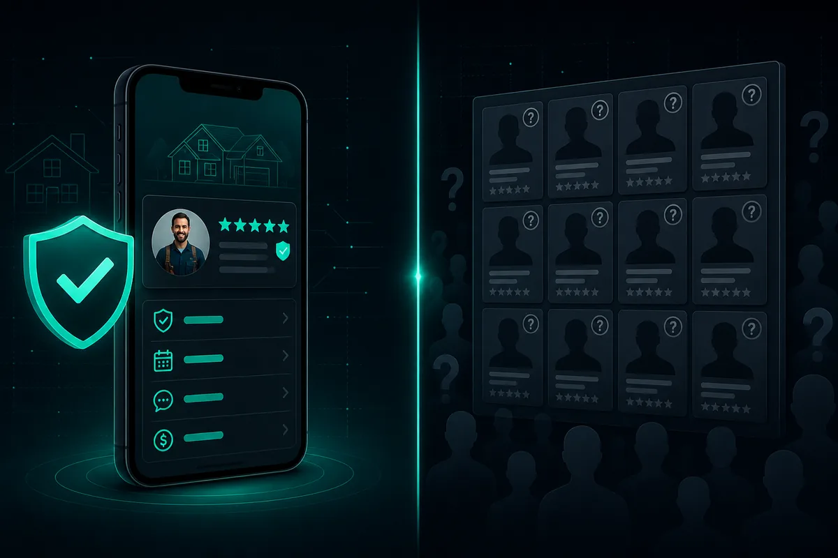 RealPro vs Thumbtack: a homeowner-focused look at vetted pros, requests, and payment safety. RealPro vs Thumbtack for homeowners — verified pro app with shield checkmark compared to a crowded lead marketplace of anonymous profiles