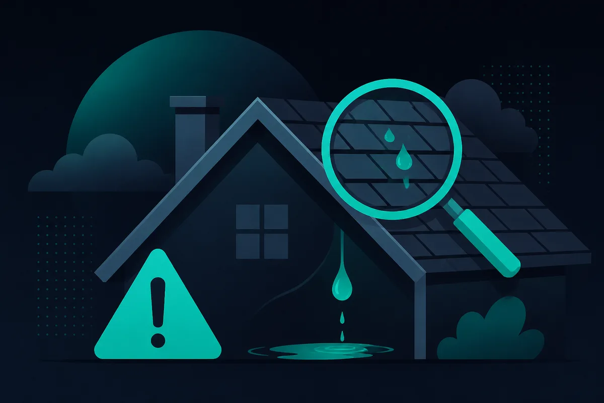 Catch roof leak warning signs early — before a stain becomes structural damage. Roof leak warning signs — house roof silhouette, water droplet, warning triangle, and magnifying glass inspecting shingles