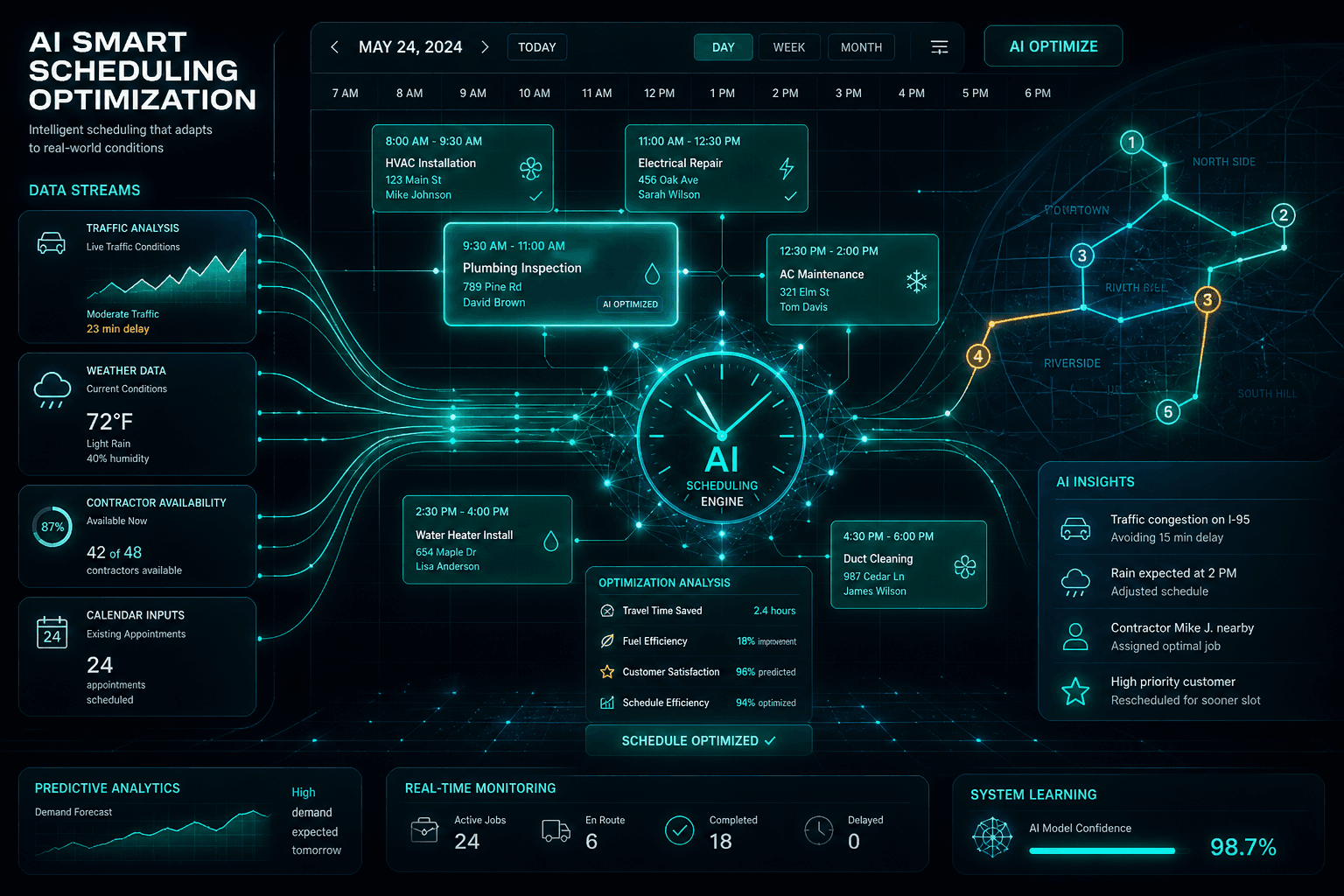 AI predicts the best appointment times so you spend less time waiting. Smart AI scheduling for home services — algorithm optimizing appointment times based on availability, traffic, and weather